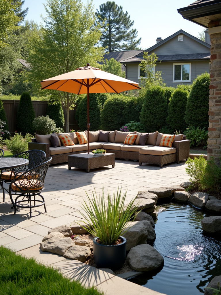 A back porch with a unique water feature enhancing its tranquility.