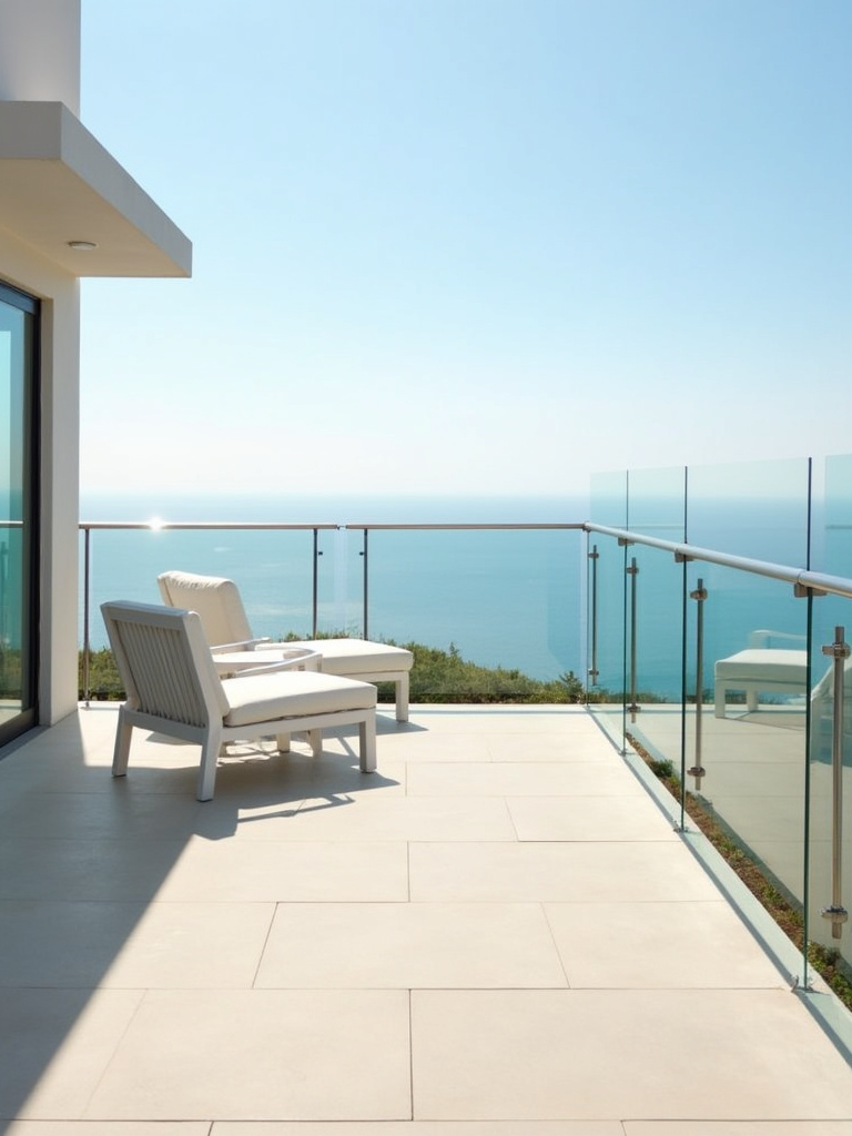 Frameless glass panel railing on a deck with a panoramic ocean view.