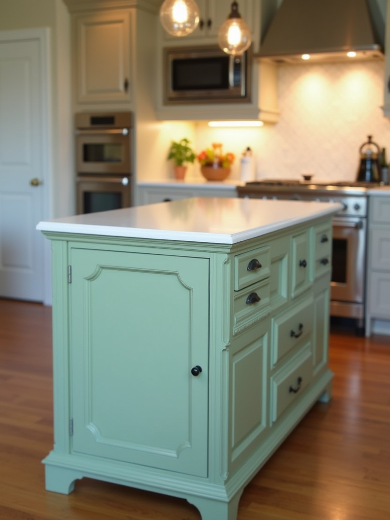 Eclectic kitchen with a light green upcycled vintage dresser as a kitchen island