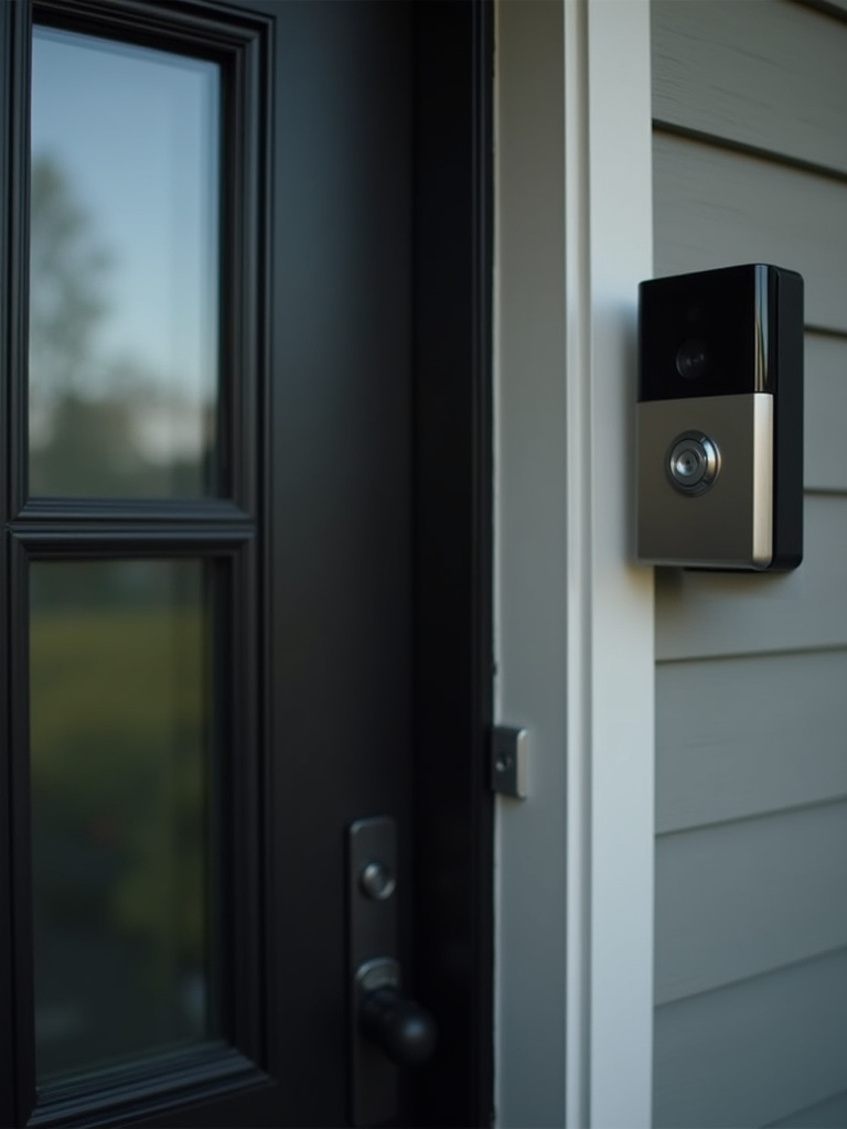 A modern black front door with a sleek, brushed nickel video doorbell.