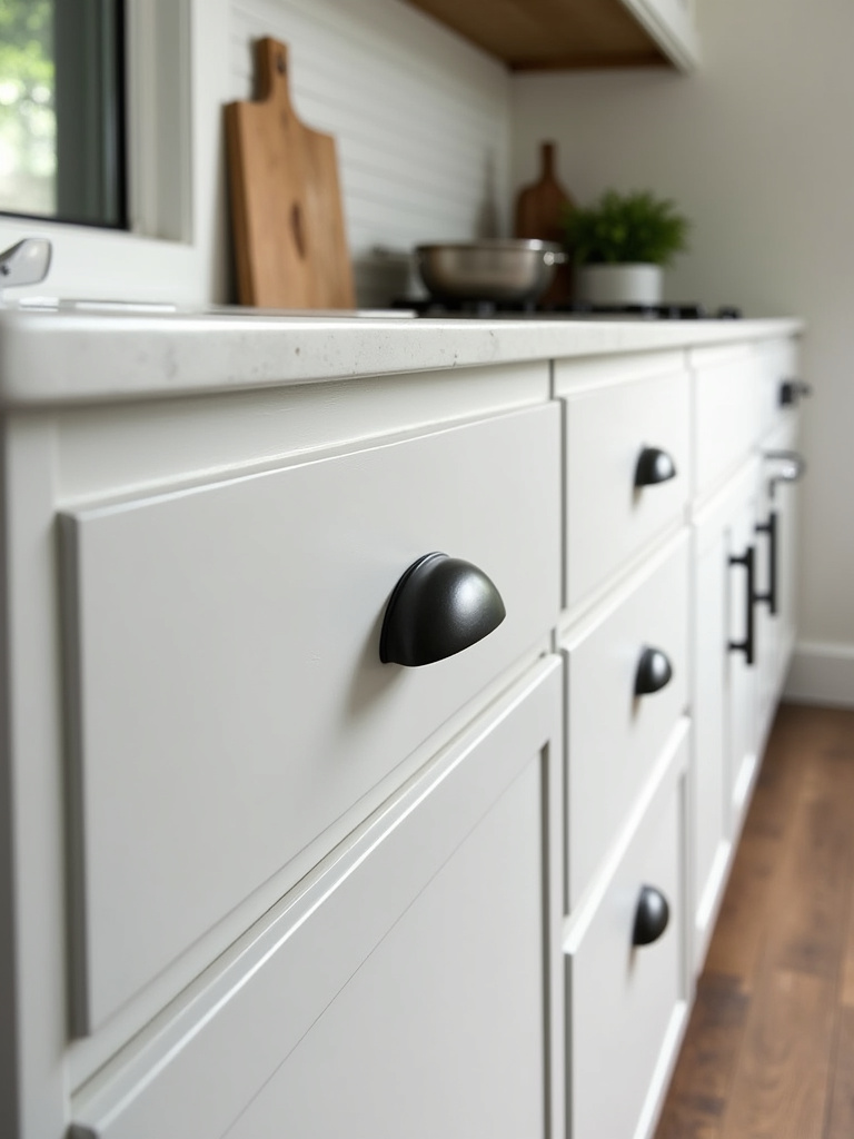 A kitchen featuring updated hardware on the cabinets.