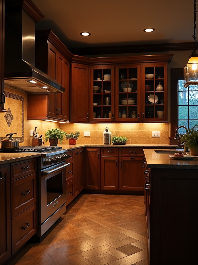 A well-lit kitchen featuring pendant lights and under-cabinet lighting.