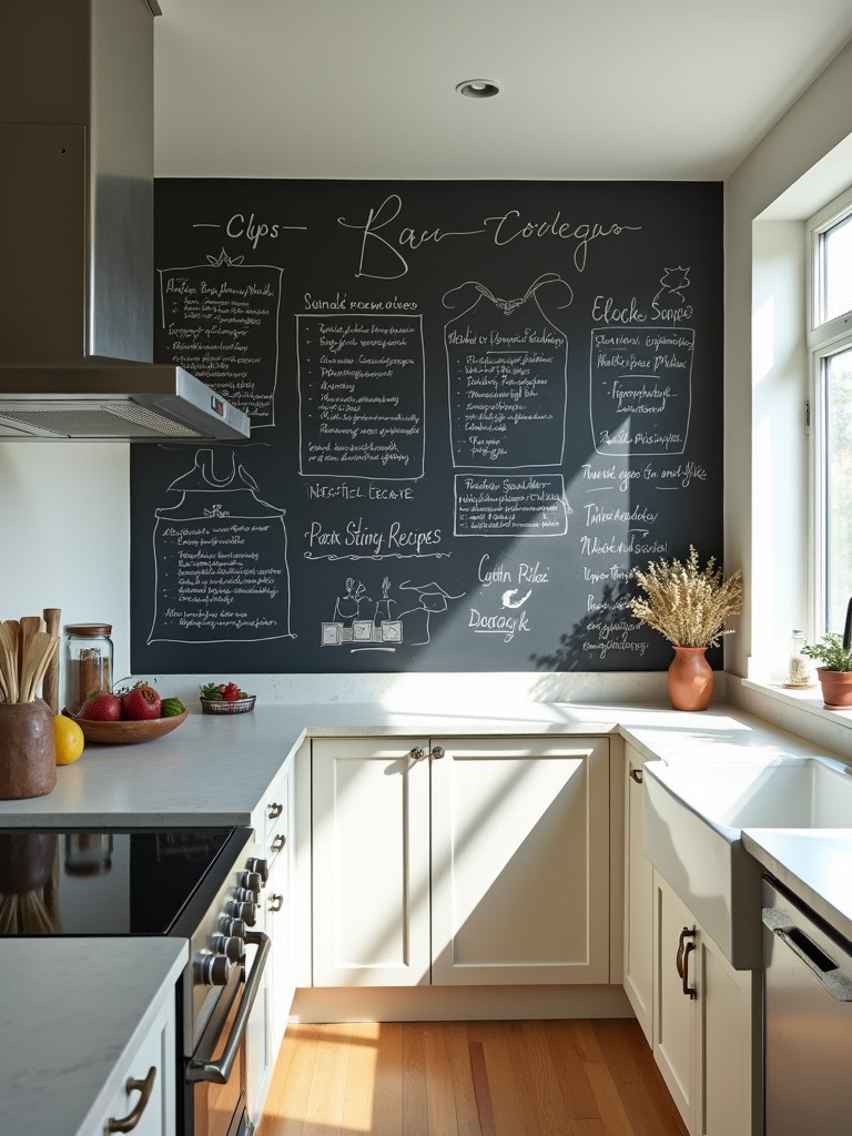 A kitchen featuring a chalkboard wall with various recipes and notes.