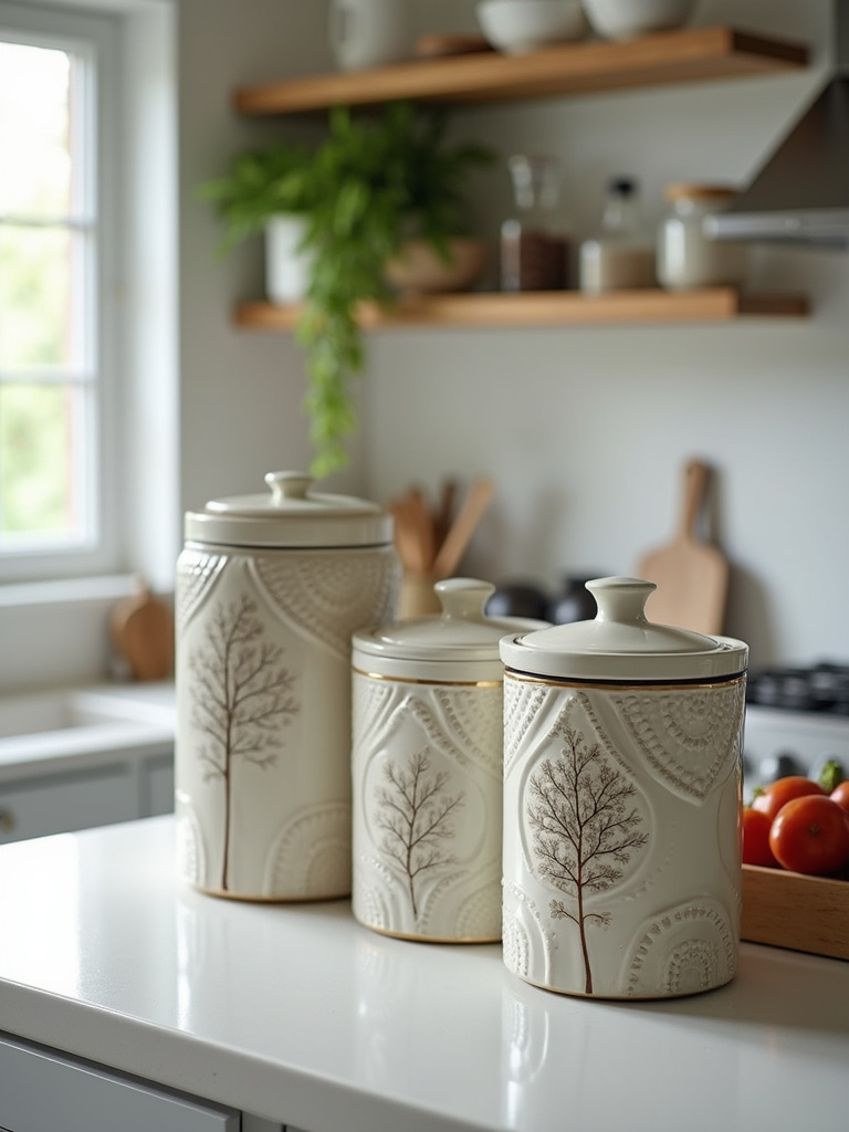 A kitchen counter featuring various decorative canisters.