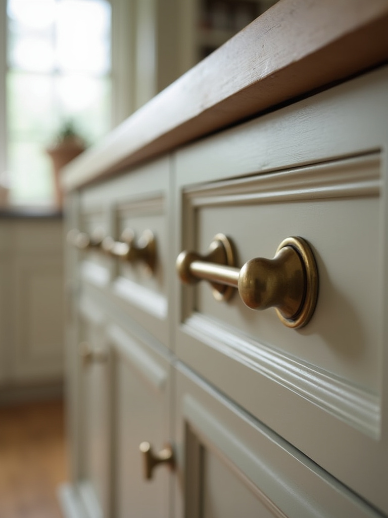 Decorative antique brass knobs and pulls on traditional kitchen cabinets.