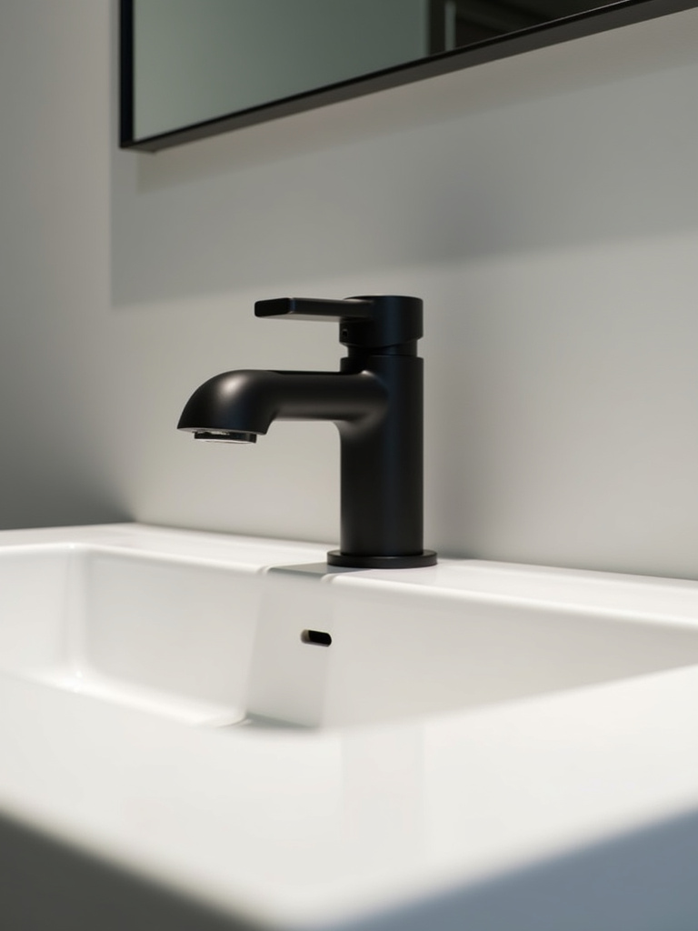 Minimalist bathroom vanity area with a matte black faucet and white countertop.