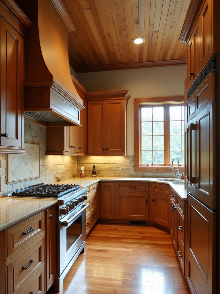 Traditional kitchen featuring natural wood cabinetry, stone countertops, and hardwood flooring.