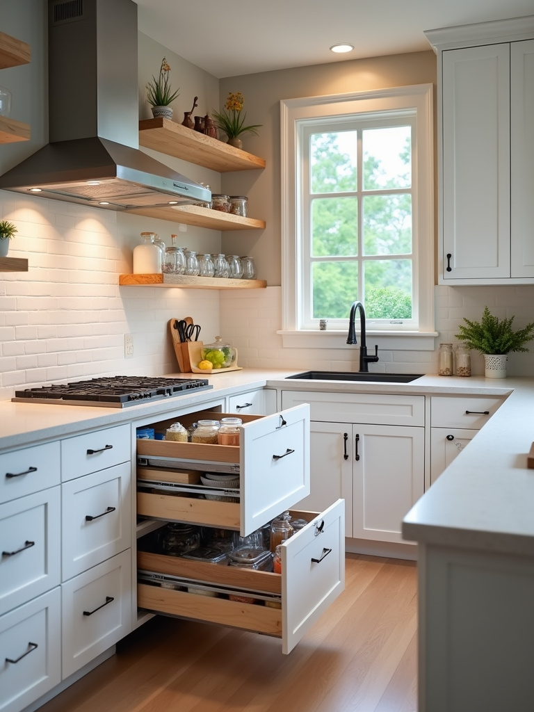 A well-organized modern kitchen featuring stylish storage solutions.