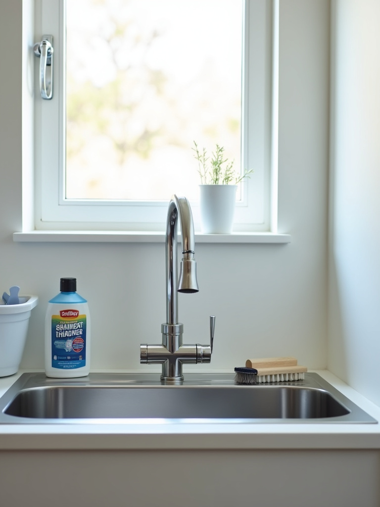 A functional laundry room featuring a stainless steel utility sink with a pull-down faucet, showcasing a dedicated space for stain treatment and handwashing.