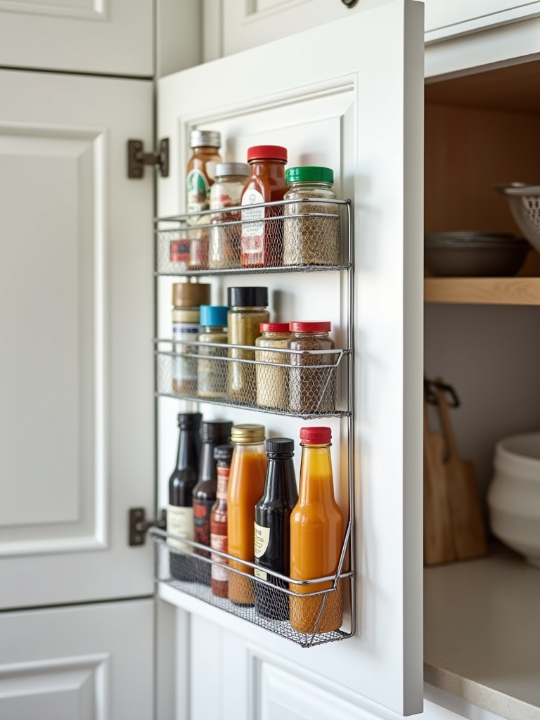 “Spice rack cabinet door organizer attached to the inside of a white kitchen cabinet door, holding spice jars and condiment bottles.”