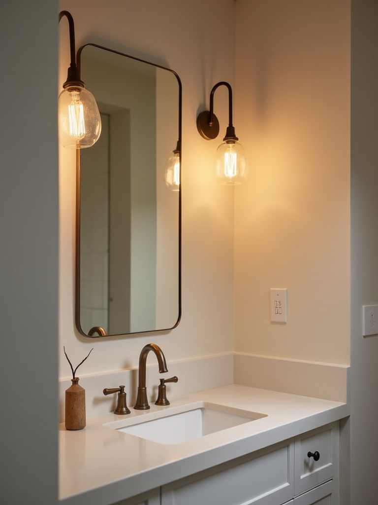 Minimalist vanity area with two glass pendant lights providing warm lighting.