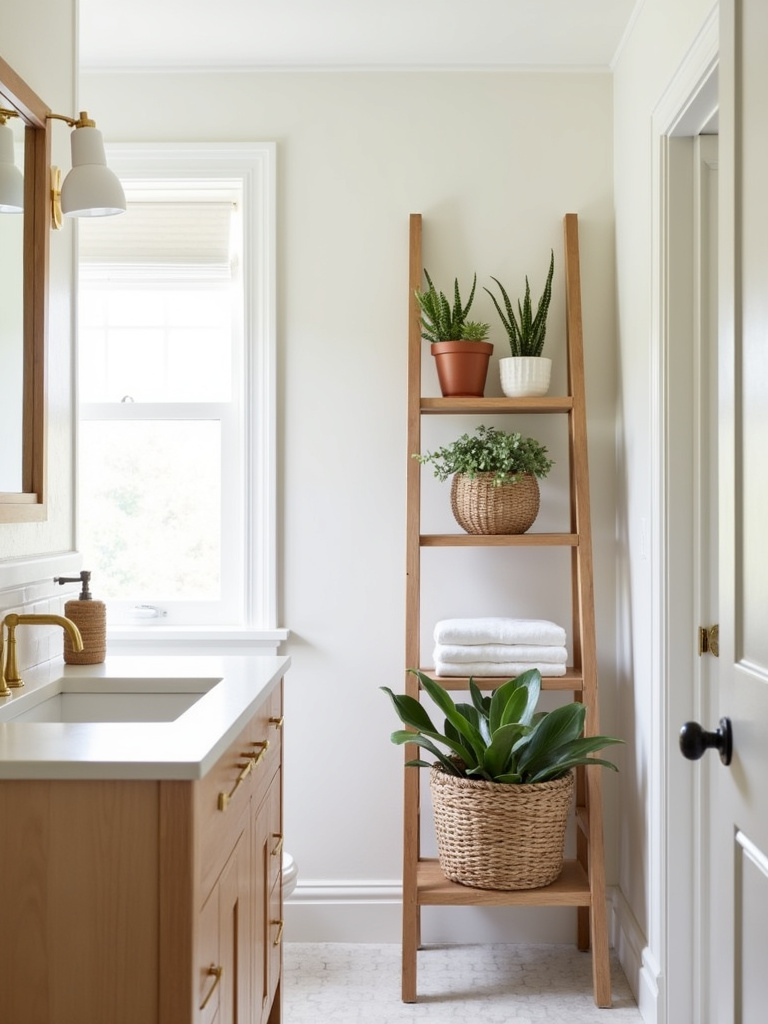 Bohemian bathroom with a light wood ladder shelf displaying towels, plants, and baskets, utilizing vertical space as chic wall decoration and storage.