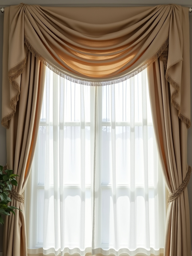Custom fabric valances providing a polished finish over window drapes in a well lit living room