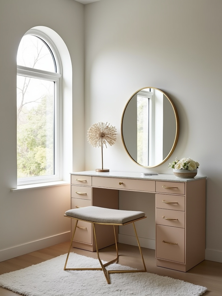 A vanity set near a window creates a designated area for self care in a master bedroom.
