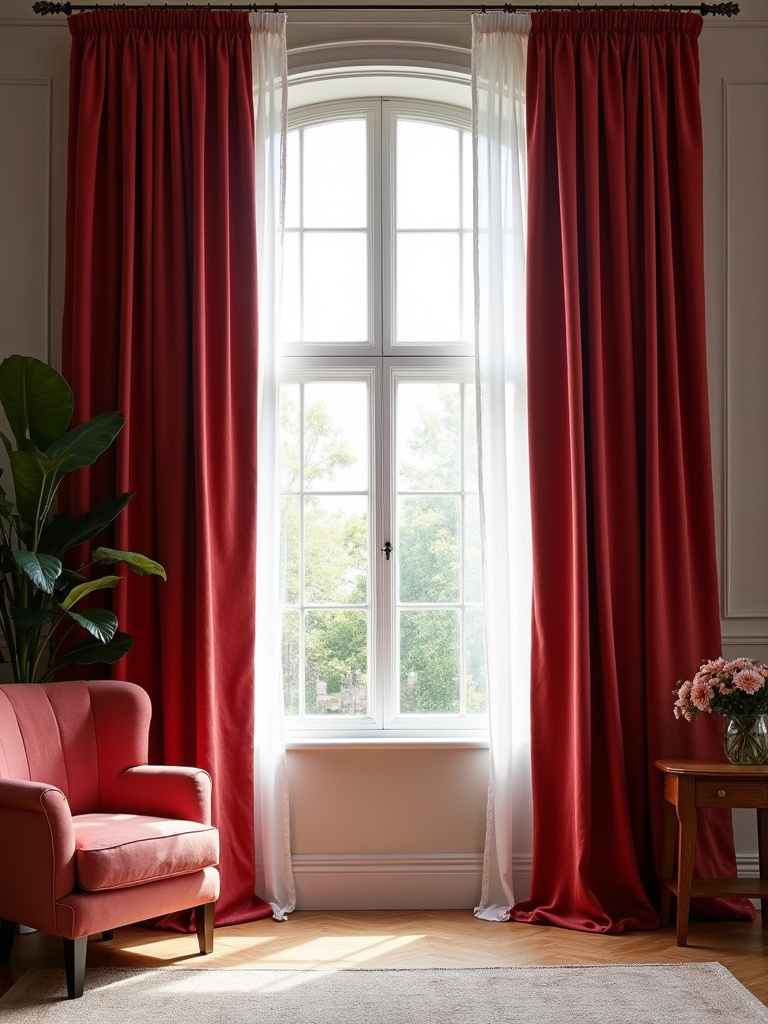 Luxurious jewel-toned velvet curtains in a well-lit living room