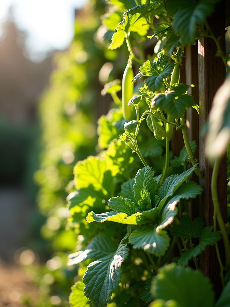 Lush vertical vegetable garden growing on a wall, showcasing various plants growing upwards in an organized structure.