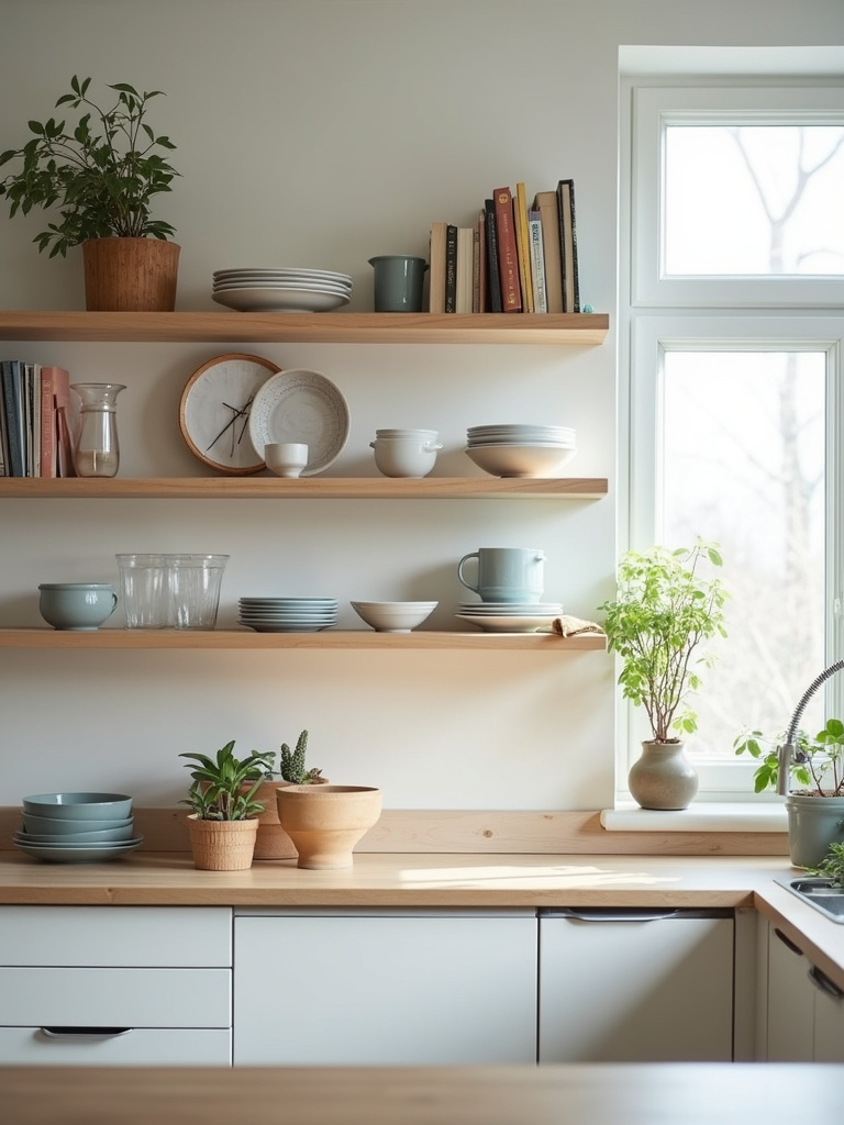 Bright apartment kitchen featuring stylish floating shelves filled with kitchenware, showcasing vertical storage solutions