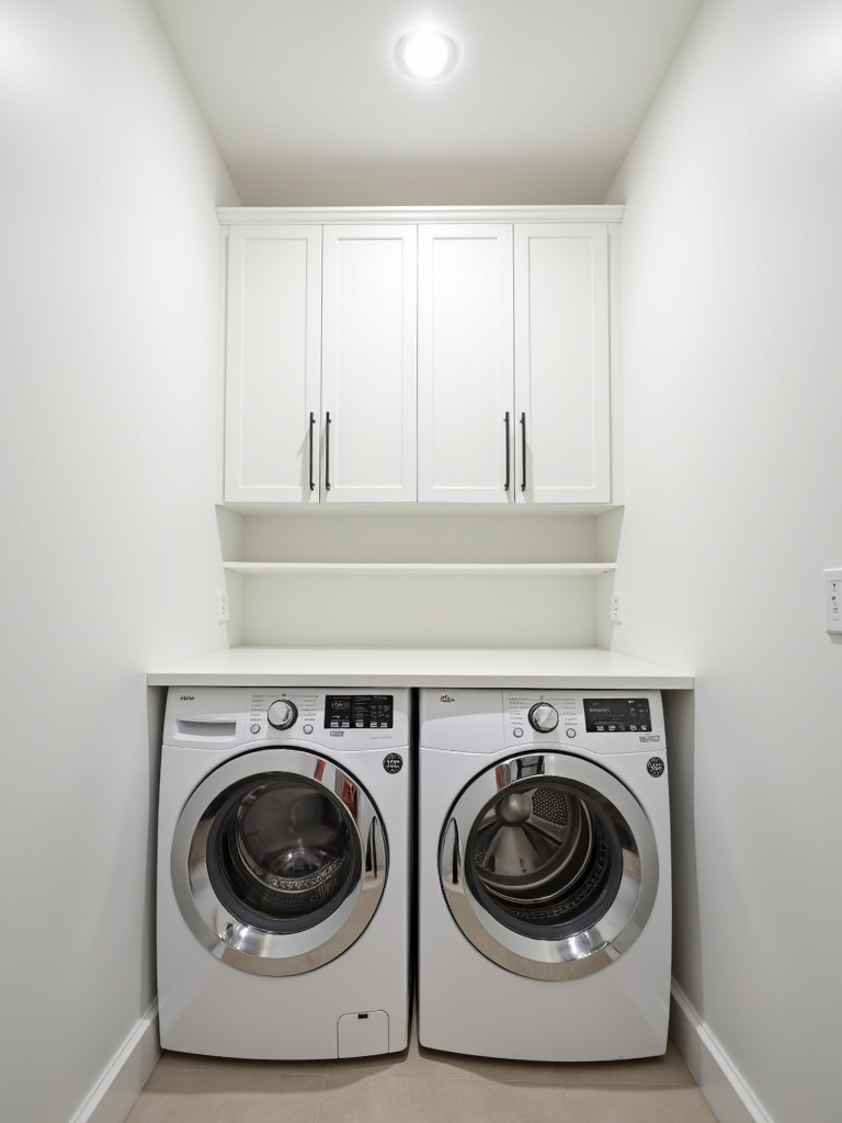 A small laundry room maximizing space with white wall-mounted cabinets and open shelving, demonstrating efficient vertical storage solutions.