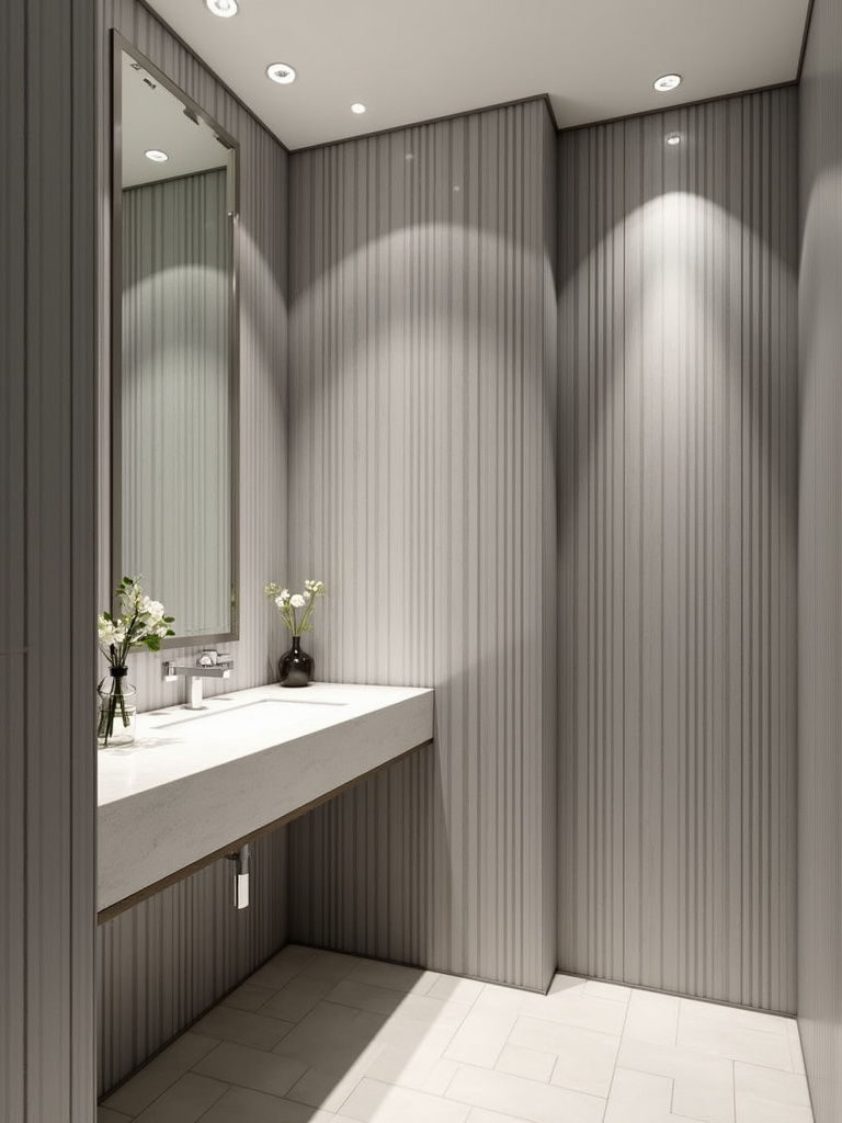 Modern bathroom featuring vertically installed long, narrow gray subway tiles, emphasizing wall height.