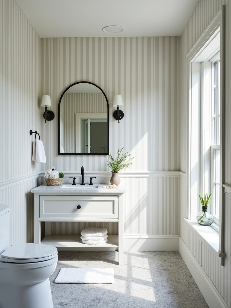 Spacious farmhouse bathroom featuring subtle grey and white vertical stripe wallpaper, visually elevating the ceiling height.