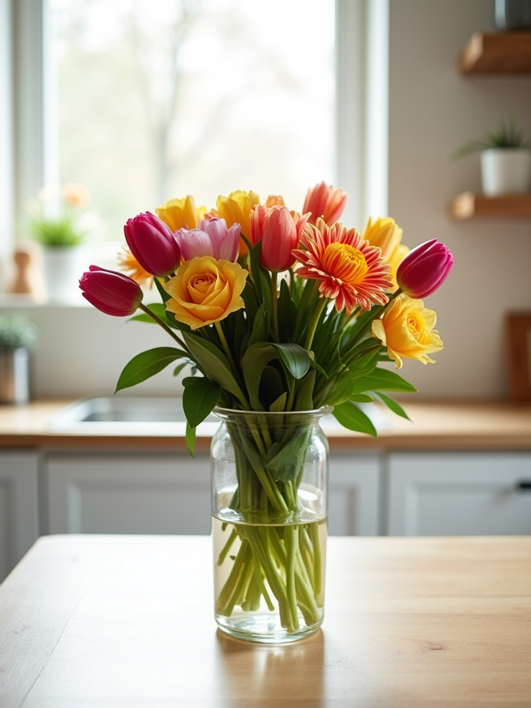 Glass vase with a colorful floral arrangement on a light wooden kitchen countertop.