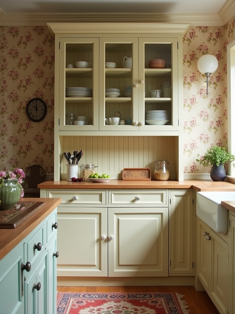A charming vintage-style kitchen with a floral wallpaper for a classic, nostalgic effect that adds warmth and detail to the space.