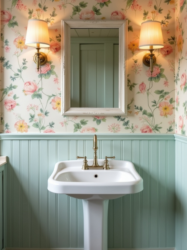 Elegant farmhouse bathroom with vintage floral wallpaper in soft pastel hues, creating a romantic and charming atmosphere.