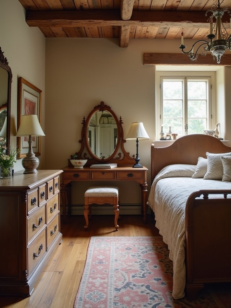 Rustic bedroom decorated with vintage furniture.