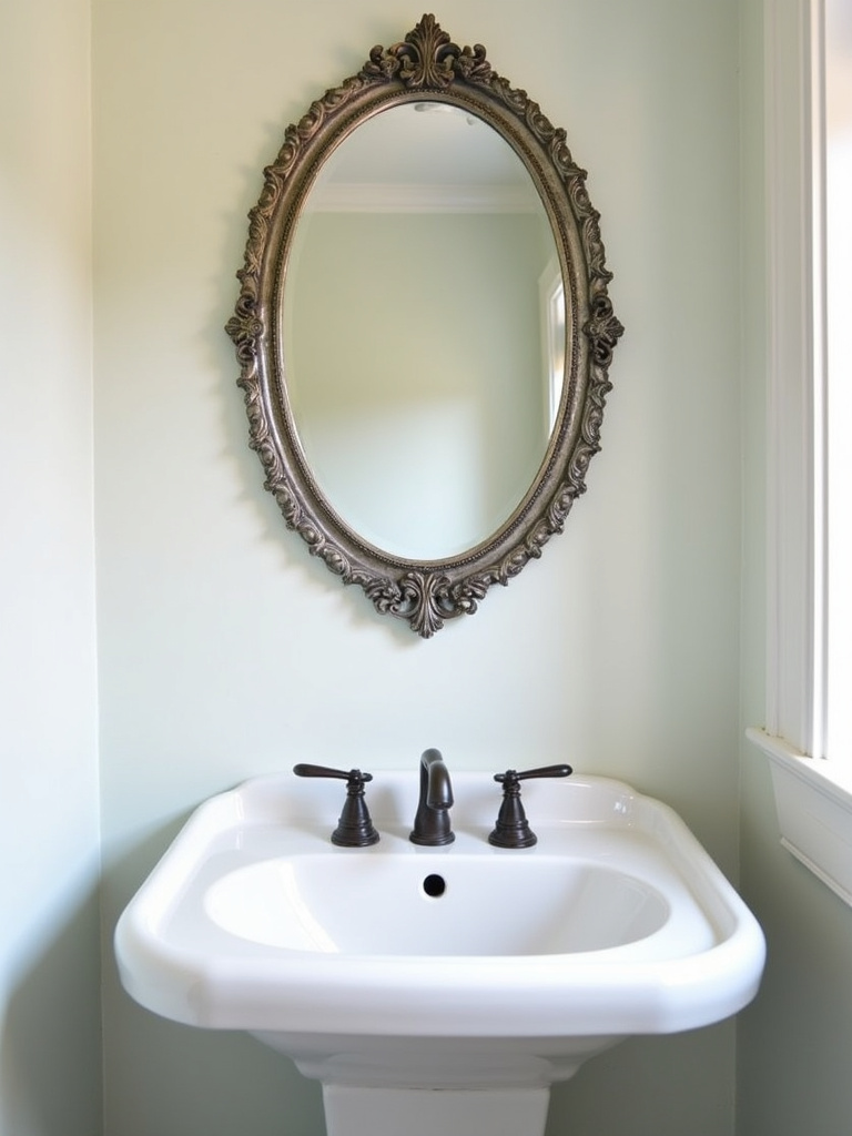 Vintage-inspired bathroom featuring an antique oval mirror above a pedestal sink, exuding timeless elegance.