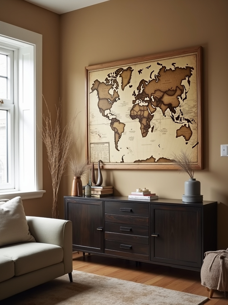 Vintage map art in a living room on a tan coloured wall with a dark wooden cabinet below.