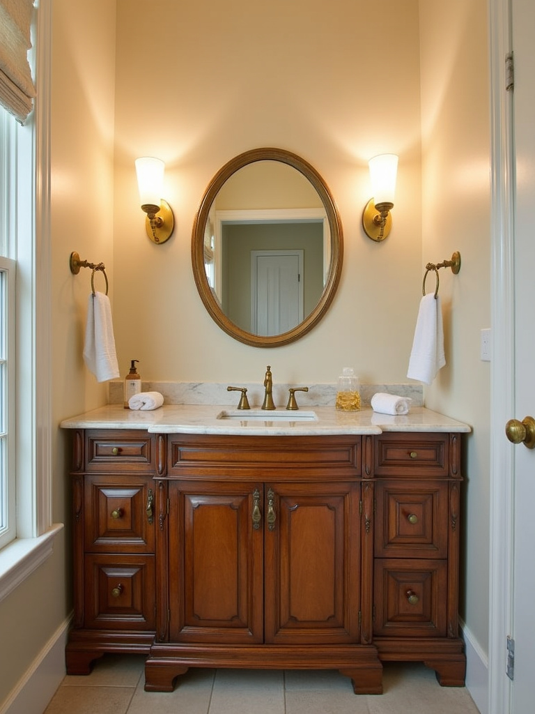 Classic bathroom featuring a restored vintage wooden vanity with a marble countertop and brass fixtures.