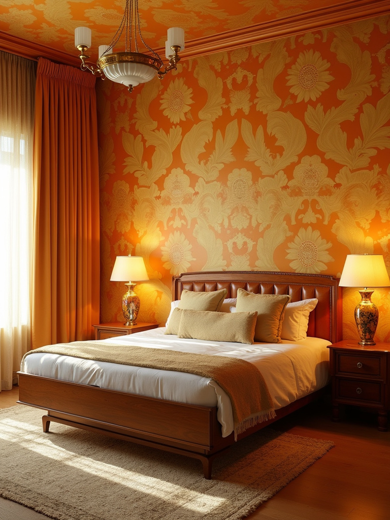 A retro-style bedroom featuring 70s inspired wallpaper in orange and gold, coupled with a low set wood bed frame and vintage lamps, highlighted by a warm yellow natural light.