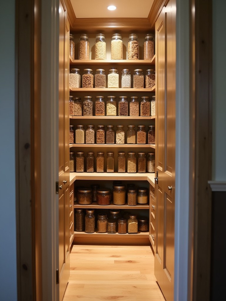 Organized walk in pantry featuring custom shelves designed for optimal storage and visibility.