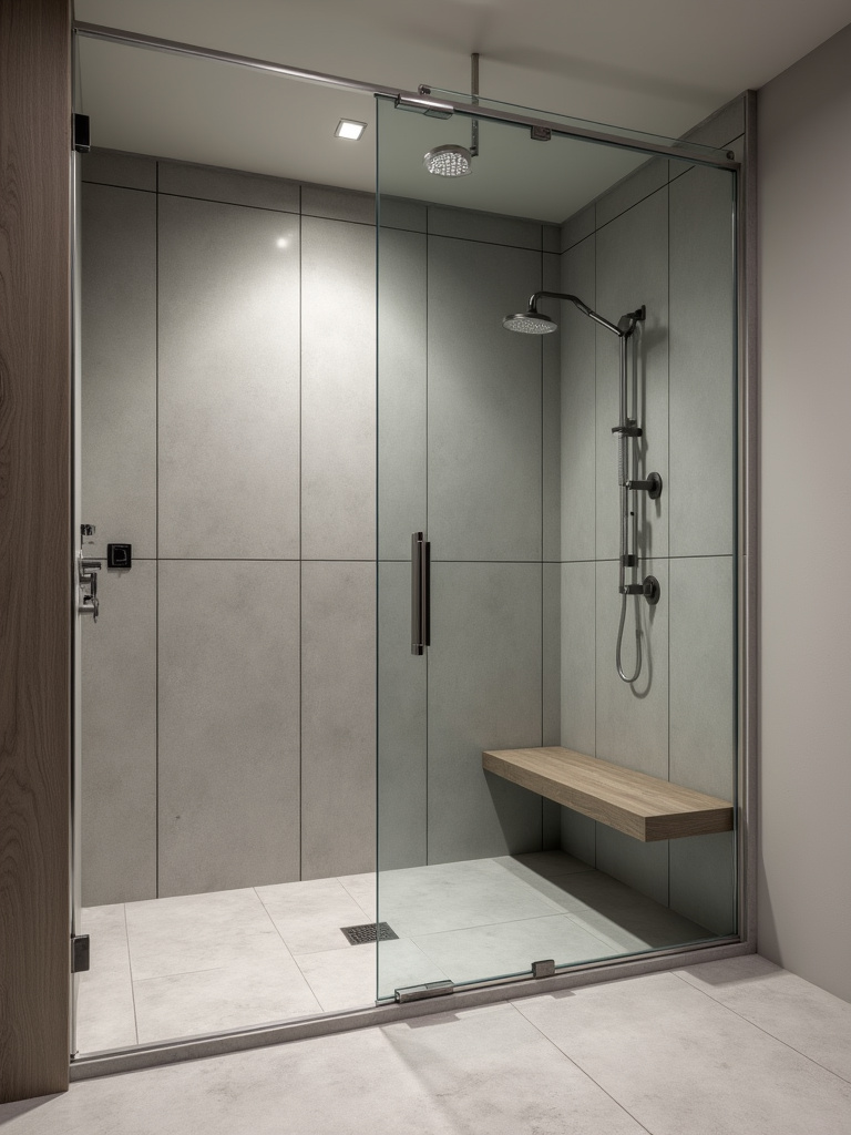 Minimalist walk-in shower with frameless glass enclosure and large format grey tiles.