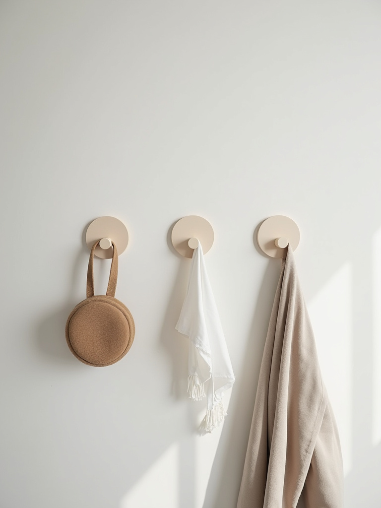 A close-up view of sleek, minimalist wall hooks used for practical storage, in a modern and clean bedroom environment.