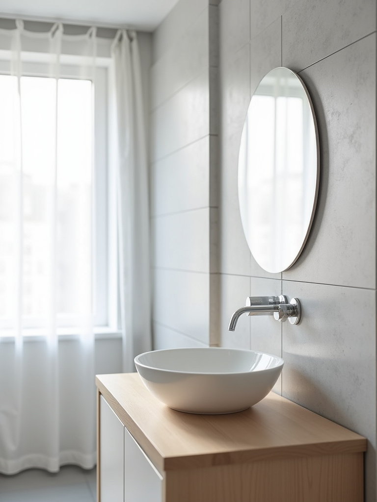 Modern minimalist bathroom with a wall-mounted chrome faucet and white vessel sink on a wooden countertop.