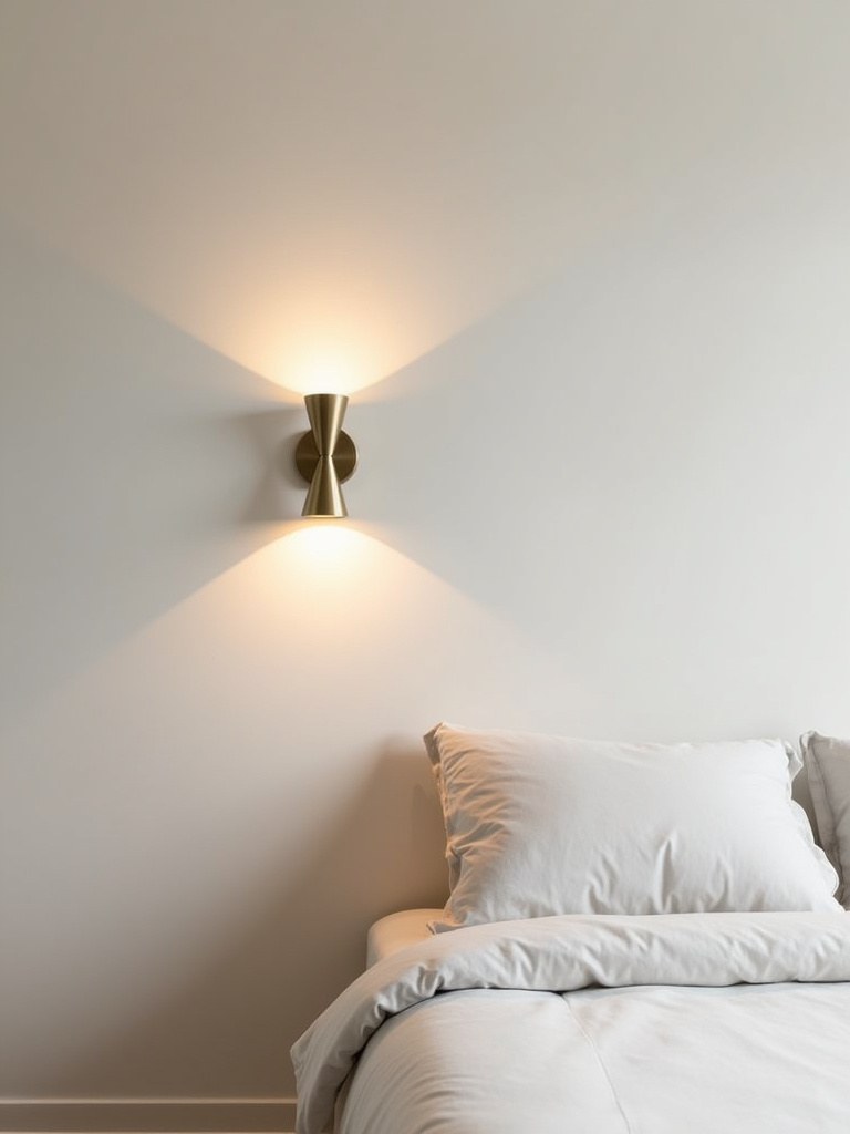 Minimalist bedroom showcasing symmetrical wall mounted light fixtures on each side of the bed.