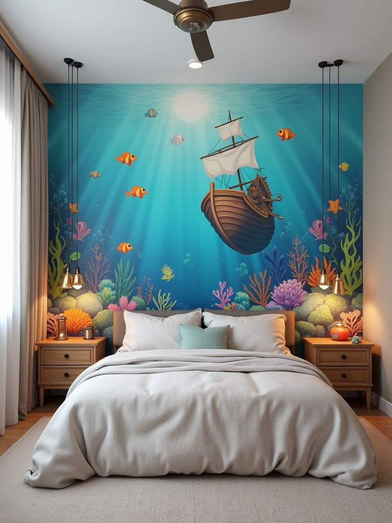 Kids bedroom with an enchanting underwater mural on the wall.