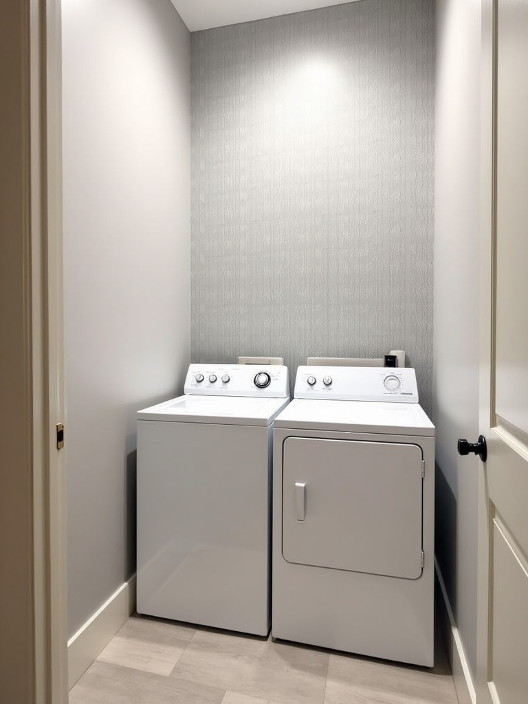 A laundry room with a stylish wallpaper accent wall in a geometric pattern, adding visual interest and sophistication to the space.