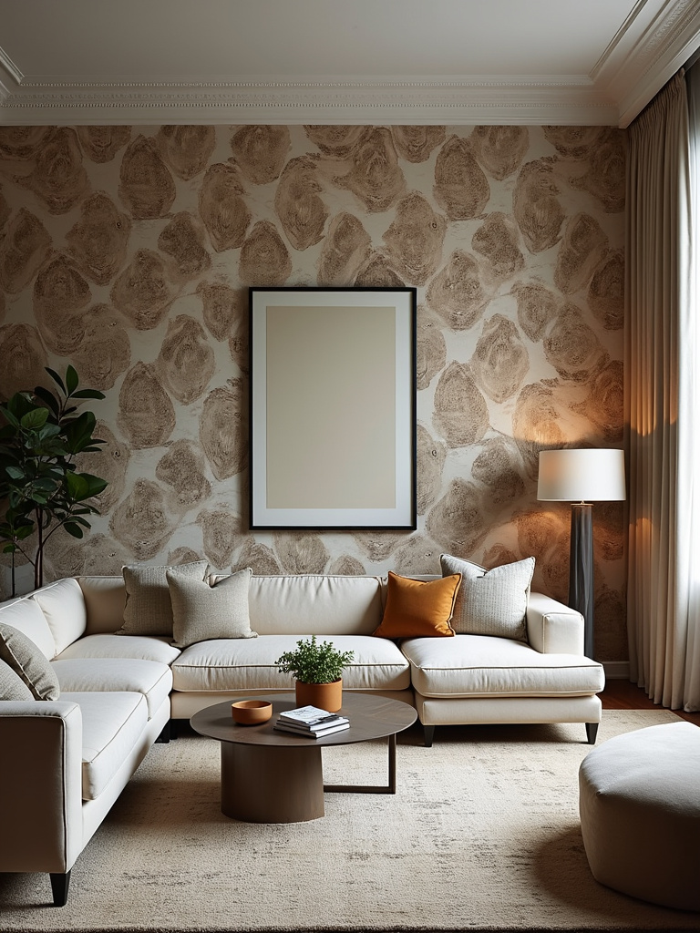 Modern living room showing wallpaper mural with bold colours acting as a focal and statement piece in the room.