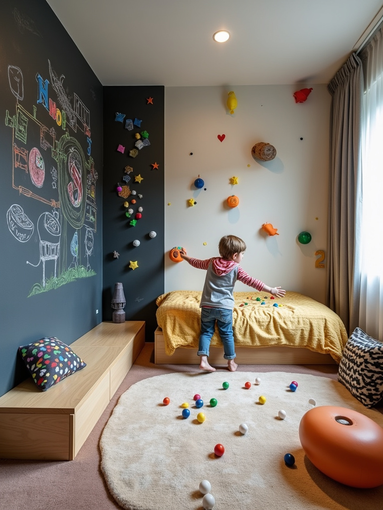 Kids bedroom with interactive walls featuring a chalkboard and climbing holds
