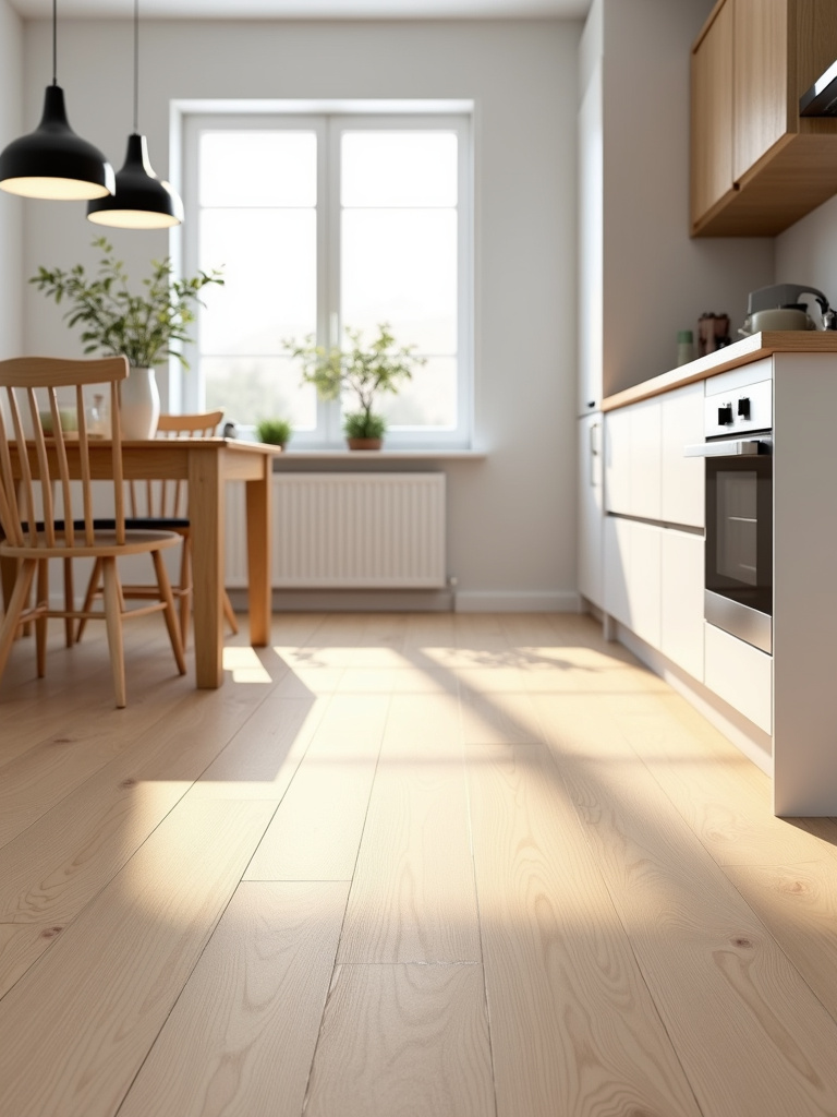 “Scandinavian kitchen with light wood-look porcelain floor tiles, white minimalist cabinets, and a light wood dining table.”