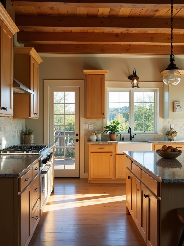Kitchen with warm wood tone shaker cabinets and farmhouse sink.