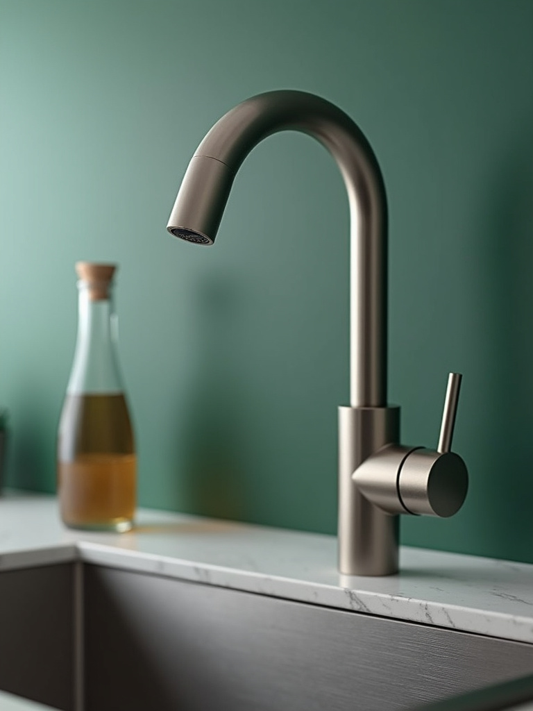 Close-up of a brushed nickel water-efficient kitchen faucet on a stainless steel sink