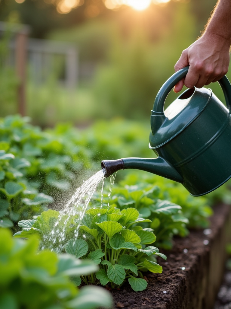 Gardener watering vegetables in a raised bed with a watering can, demonstrating targeted watering at the base of the plants.