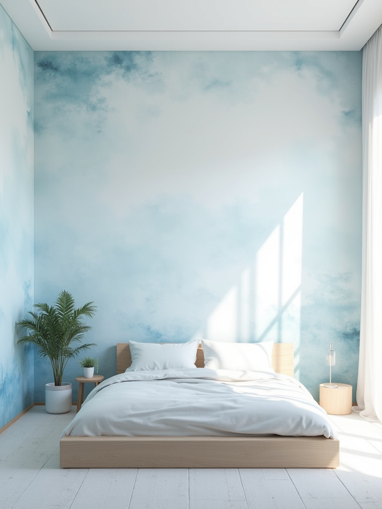 A serene bedroom with a light blue and white watercolor styled wallpaper, a simple platform bed with soft linens, and bathed in gentle natural light.