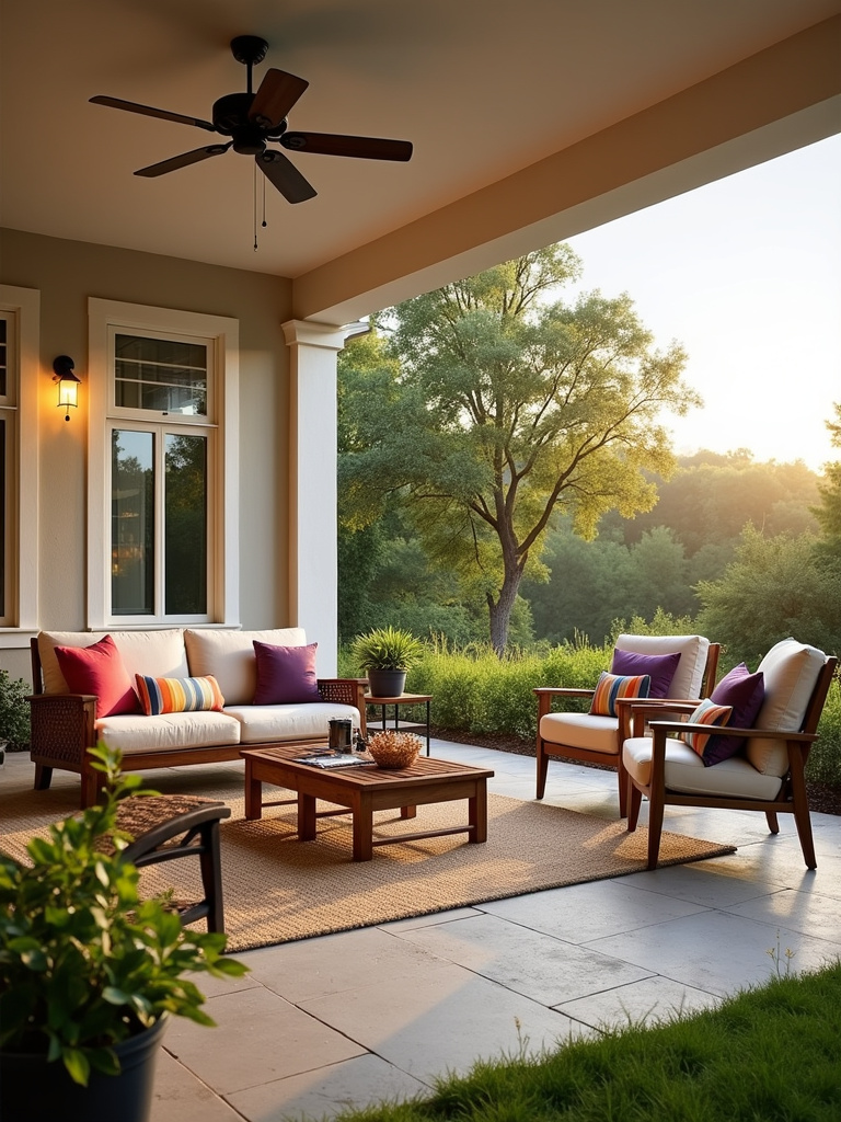 An outdoor back porch with comfortable weather-resistant furniture.