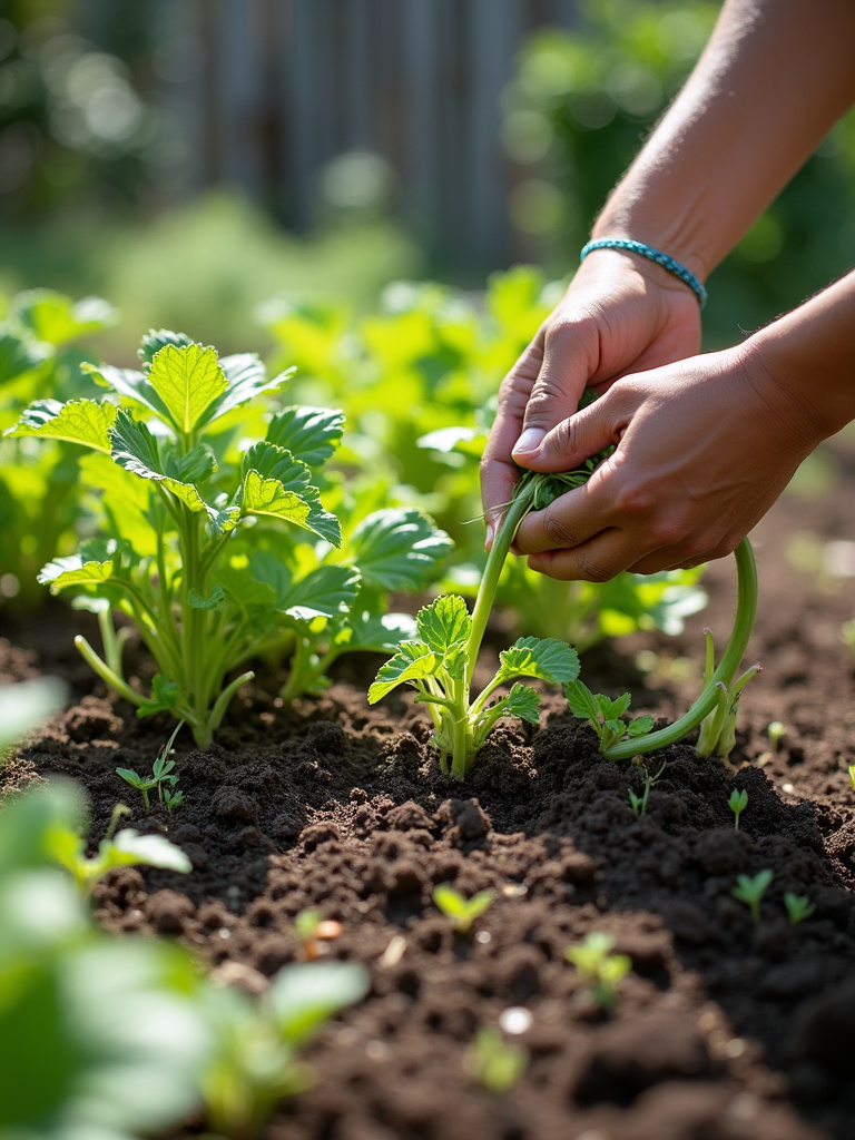Gardener’s hands weeding a vegetable garden, removing weeds from around healthy vegetable plants.