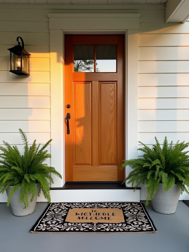 A farmhouse porch with layered welcome mats in front of a wooden door, decorated with potted ferns.