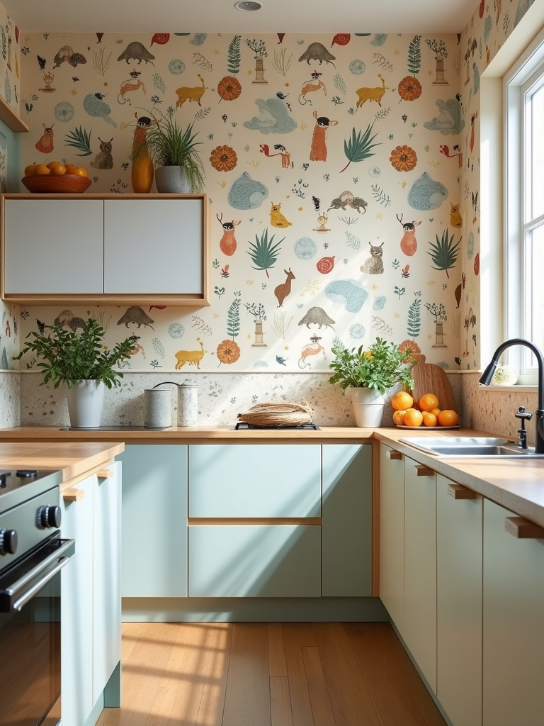 A brightly colored kitchen with a playful animal motif patterned wallpaper and plenty of natural light.